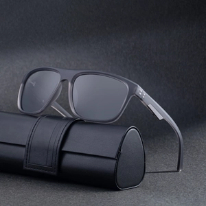 Polarized square sunglasses in matte grey frame with leather texture storage case