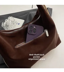Detailed view of large capacity shoulder bag featuring a hidden back anti-theft zipper pocket