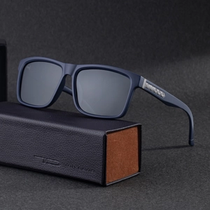 Polarized square frame sunglasses with matte navy finish and premium leather case