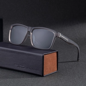 Mens square polarized sunglasses with translucent grey frames and luxury leather case