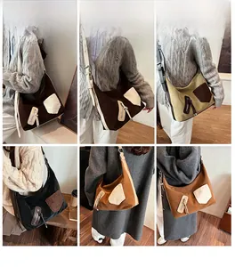 Collage of large matte canvas hobo bags with faux shearling pockets in multiple colors