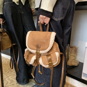 Vintage Mini Backpack Suede PU Leather With Sherpa Trim Winter Casual Fashion Small Bucket Bag For Women