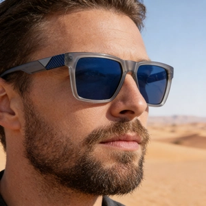 Men's square polarized sunglasses with matte grey frames and blue mirror lenses for outdoors