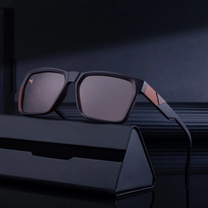 Classic square polarized sunglasses for men with decorative metal temples and hard case