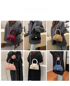 Collage of quilted semi-circle shell bags in six colors with adjustable straps