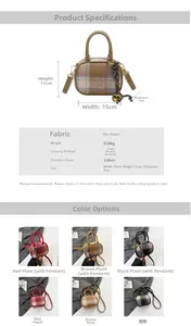 Mini plaid bowling bag details showing dimensions of 15x11x7cm and PU leather texture