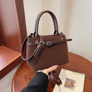Vintage Frosted Faux Suede Handbag With Belt Buckle Magnetic Closure Adjustable Strap Women Casual Shoulder Crossbody Bag