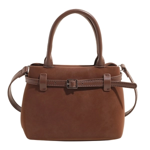 Retro dark brown square handbag with suede texture and metal buckle detail for women