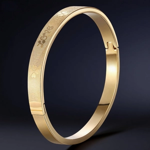 Titanium steel heart-beat bangle with Fu character and engraved radial textures in gold
