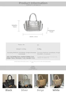Detailed size specifications for quilted bucket bag in silver, black, beige, and white