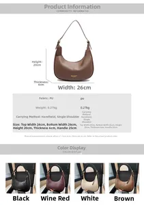 Detailed size specifications and material chart for the leather hobo shoulder bag