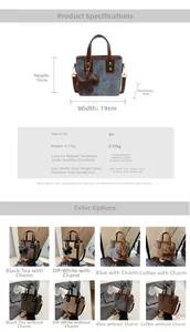 Detailed size chart and dimensions guide for vintage PU leather bucket bag with dog pendant