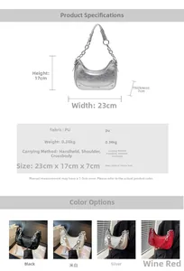 Detailed size chart and specifications for the pleated PU leather crescent shoulder bag