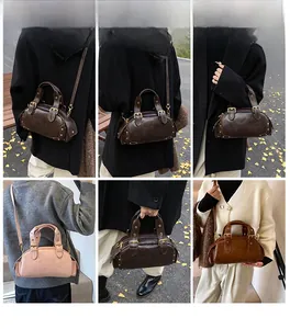 Outdoor model shots of shell bags in brown and pink showing crossbody and handheld styles