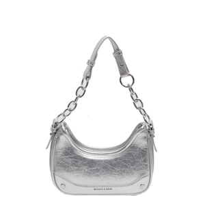 Silver hobo underarm bag in metallic crinkled leather with stylish chain strap detail