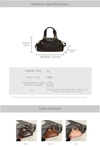 Detailed size chart and multi-color options for vintage PU leather bowling handbag