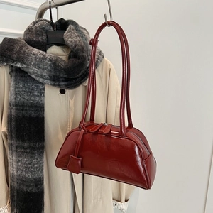 Women Retro Glossy PU Leather Underarm Bag French Minimalist Boston Style Shoulder Bag For Daily Office Commuting Bag