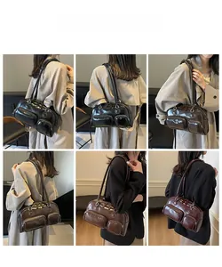Detailed views of vintage faux leather multi-pocket bowling shoulder bag in three colors