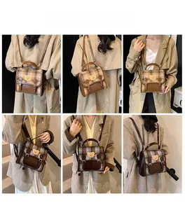 Detailed views of vintage plaid backpack with bear embroidery and leather straps