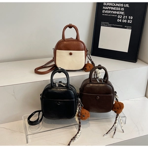 Chic mini square handbags in brown, black, and beige colors with cute plush bear charms