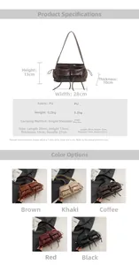Detailed view of the shoulder bag with size specs and five color options in PU leather