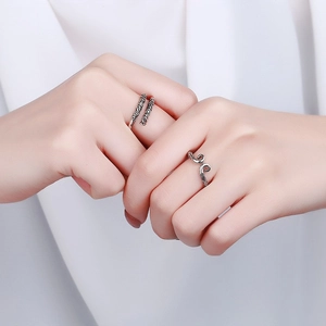 Bagues de couple réglables Sun Wukong en argent S925 avec motifs de nuages et bâton