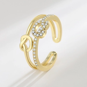 Adjustable gold double-layer heart knot ring with sparkling cubic zirconia pavé setting