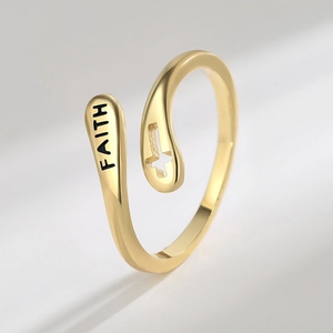 Adjustable golden double-layer cross ring featuring FAITH engraving in a minimalist style