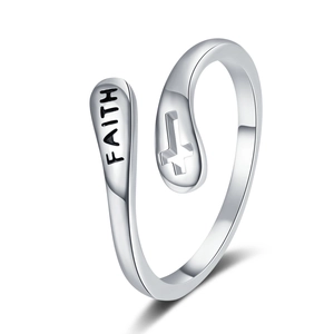 Adjustable silver cross ring featuring engraved FAITH lettering in a minimalist bypass design