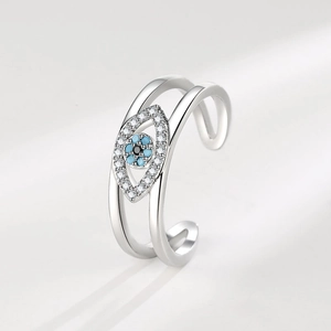 Minimalist evil eye silver open ring with turquoise stone and sparkling cubic zirconia