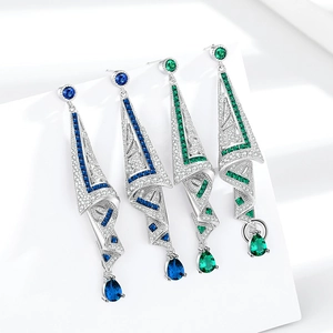Exquisite geometric drop earrings with pear-cut blue and green crystals in silver setting