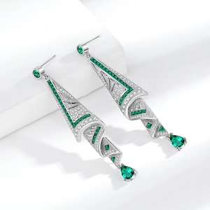 Silver geometric drop earrings with emerald green crystals and sparkling white diamonds