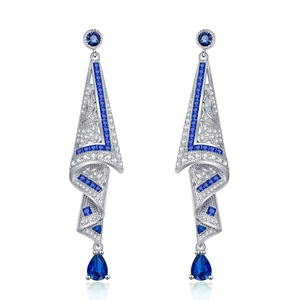 Silver drop geometric earrings with pave diamonds and teardrop blue gemstones