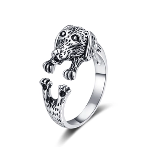 Bague chien vintage ajustable en argent avec gravure détaillée de chiot retriever