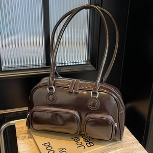 Vintage Oil Wax PU Leather Underarm Baguette Bag With Front Multi Pockets Casual Fashion Shoulder Bag For Women