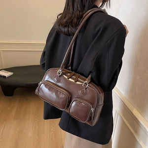 Vintage dark brown oil wax leather shoulder bag with double zip pockets for women