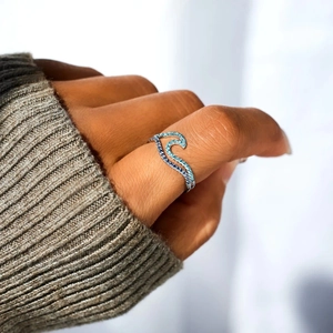 Blue gradient wave ring with S925 silver base and sparkling cubic zirconia stones