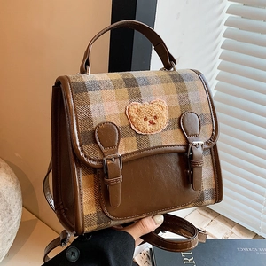 Mini Zaino In Lana Scozzese Vintage Donna Toppa Orso Carino Finiture In Pelle PU Stile College Borsa Moda Casual