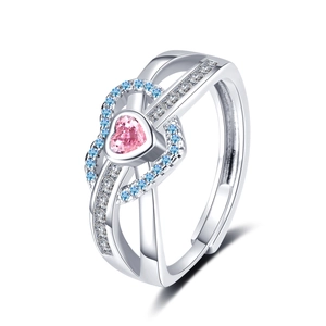 Elegant adjustable silver ring with pink heart stone and blue crystal halo