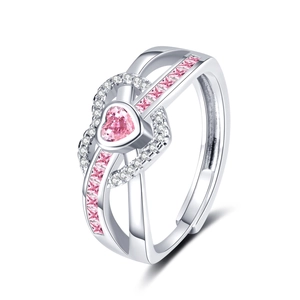 Elegant adjustable silver ring featuring a pink heart-shaped zircon and side diamond accents