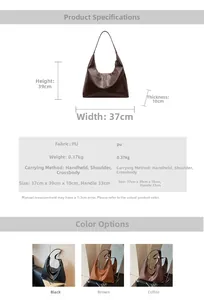 Detailed size specifications for large brown PU leather hobo tote bag with dimensions