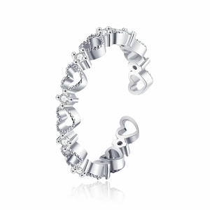Bague ouverte argentée minimaliste avec cœurs ajourés et zircons scintillants