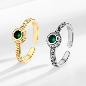 Vintage textured open ring with green zircon inlay in gold and silver finish options