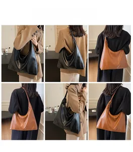 Detailed views of black and brown soft leather tote bags styled on models