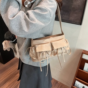 Fashionable khaki PU leather underarm bag with multi-pockets and sweet side bow details