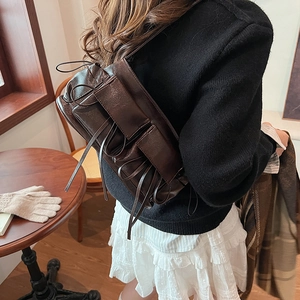 Retro dark brown faux leather underarm bag with sweet bow tassels and multiple pockets