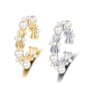 Bague Réglable Ouverte Élégante Nœud Cœur Cuivre Künstliche Perle D'imitation Zircone Pour Femmes Bijoux De Mode Doux