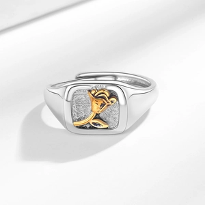 Elegant silver open ring with 3D golden rose center shown on a clean white background