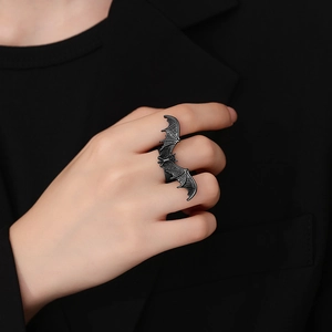 Gothic black bat open ring featuring realistic embossed wings for men and women