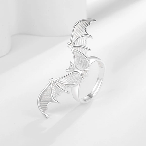 Gothic style silver bat open ring with detailed wings for Halloween jewelry